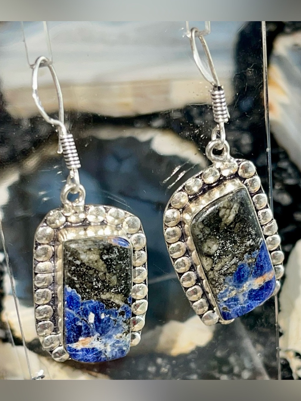Navy Sodalite with Pyrite Earrings 2” - Picture 11 of 15